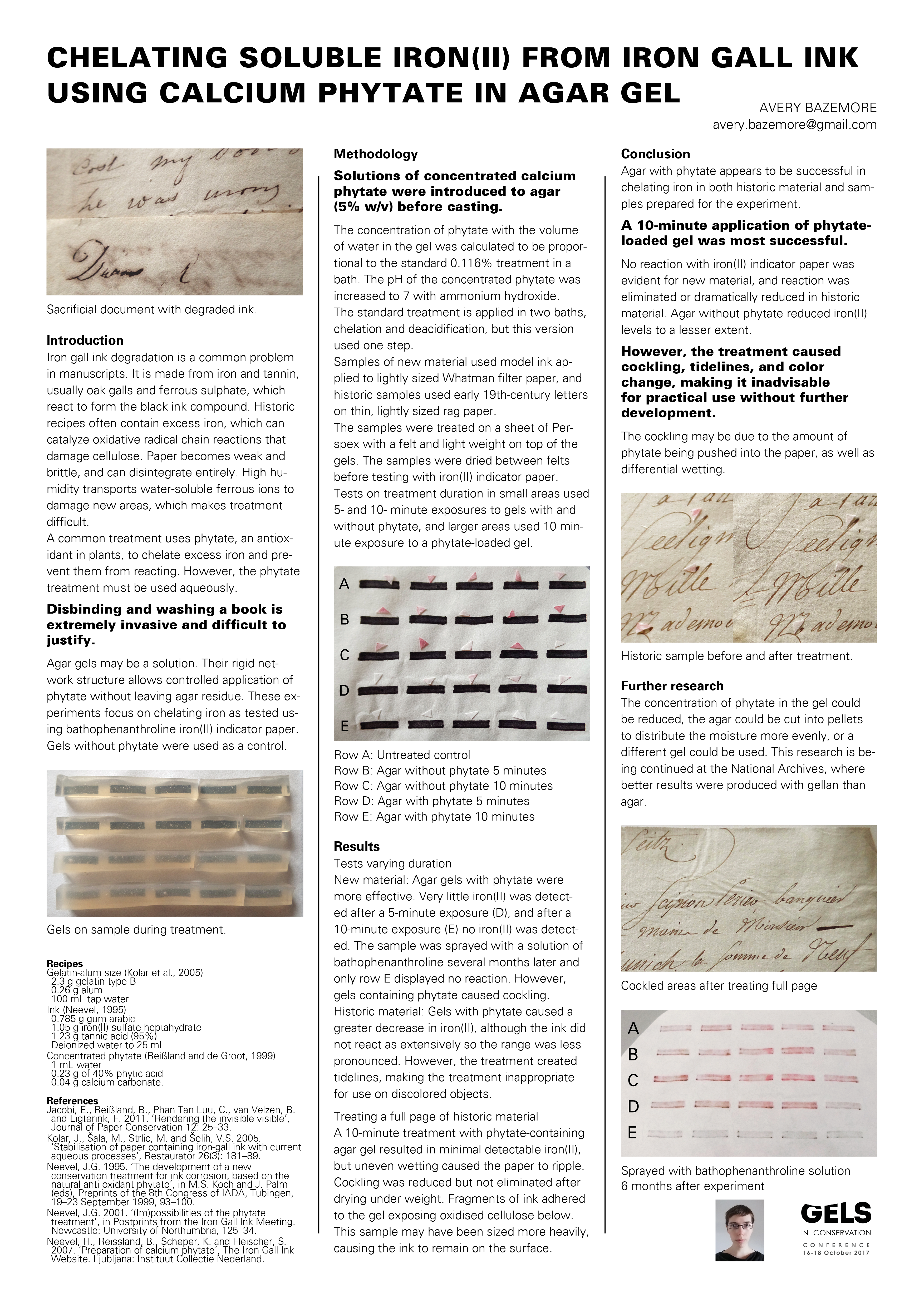 Conference poster titled "Chelating soluble iron(II) from iron gall ink using calcium phytate in agar gel"